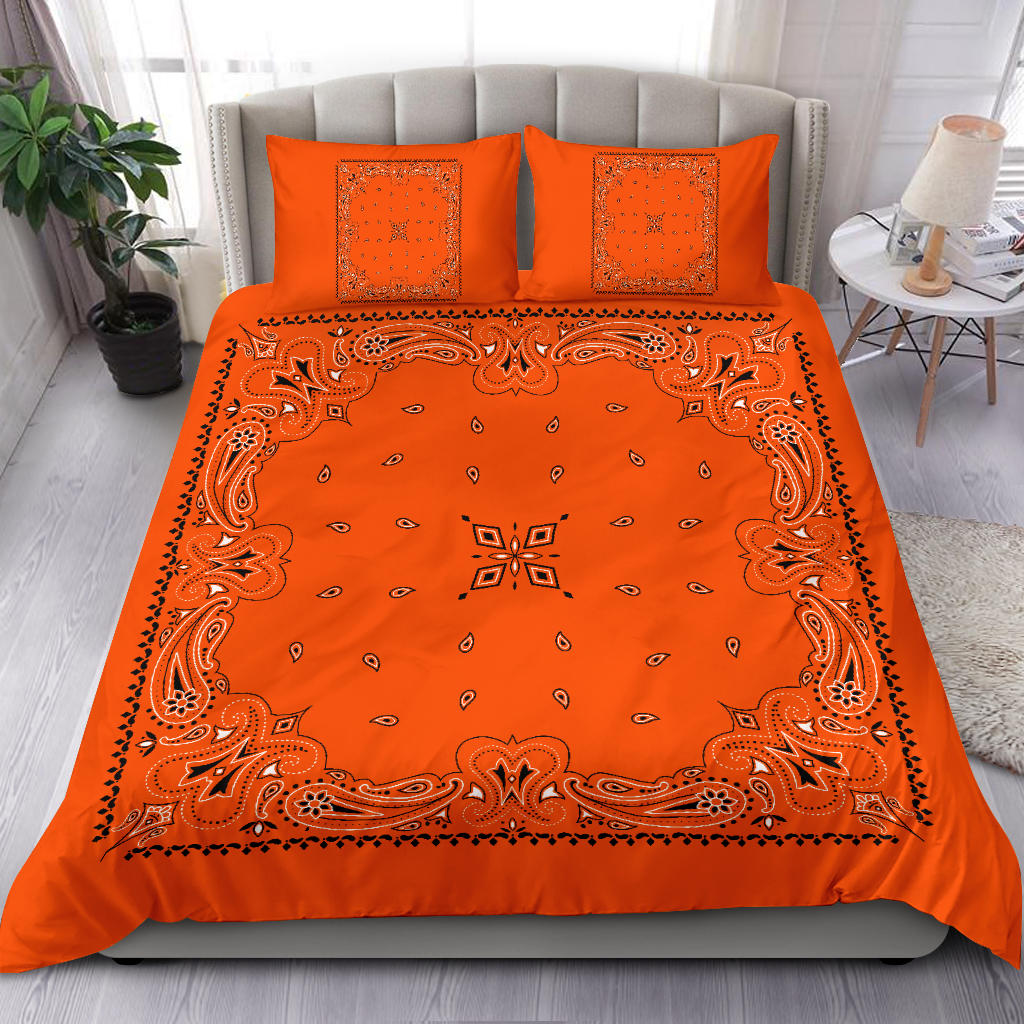 D3 Duvet Cover Set - Bright Orange Traditional Bandana w Shams