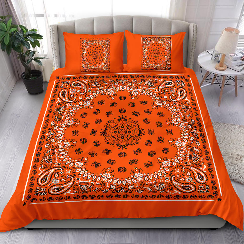 D4 Duvet Cover Set - Bright Orange Traditional Bandana w Shams