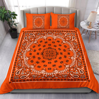 D4 Duvet Cover Set - Bright Orange Traditional Bandana w Shams