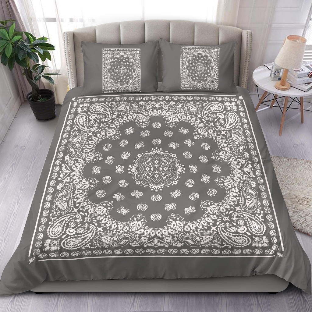 D4 Duvet Cover Set - Gray and White Bandana w Shams