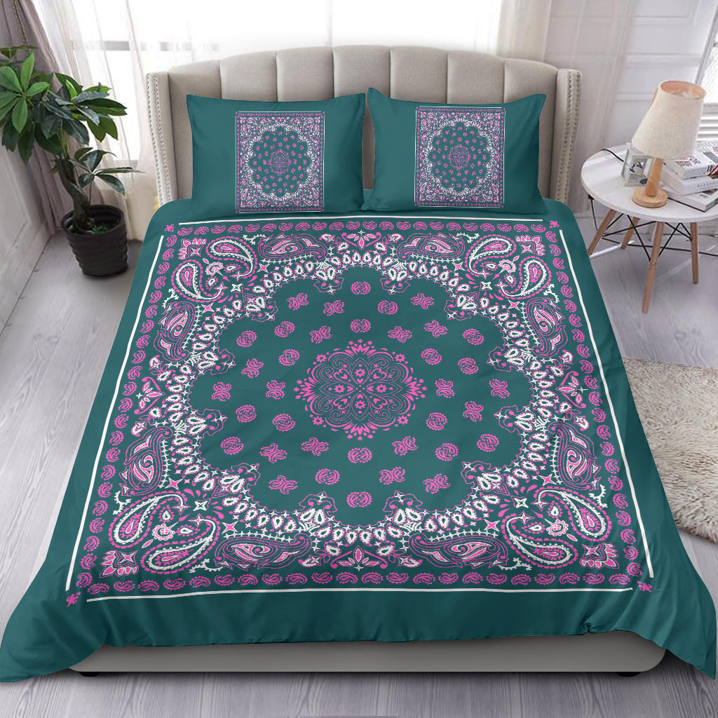D4 Duvet Cover Set - Pine and Pink Bandana w Shams