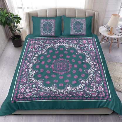 D4 Duvet Cover Set - Pine and Pink Bandana w Shams