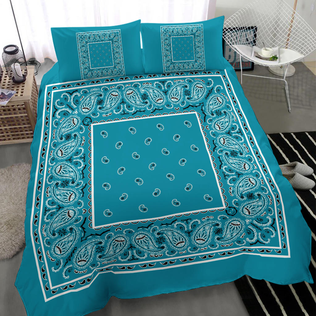 Duvet Cover Set - Teal White and Black Bandana