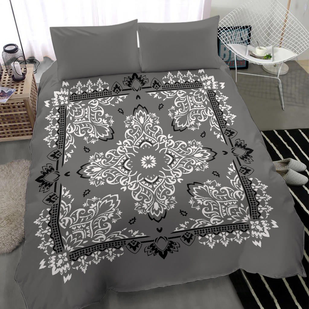D2 Duvet Cover Set - Gray Black White Bandana w Shams