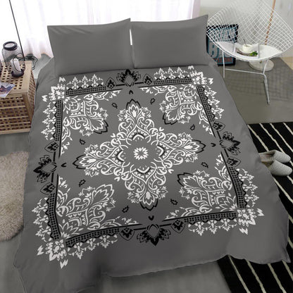 D2 Duvet Cover Set - Gray Black White Bandana w Shams