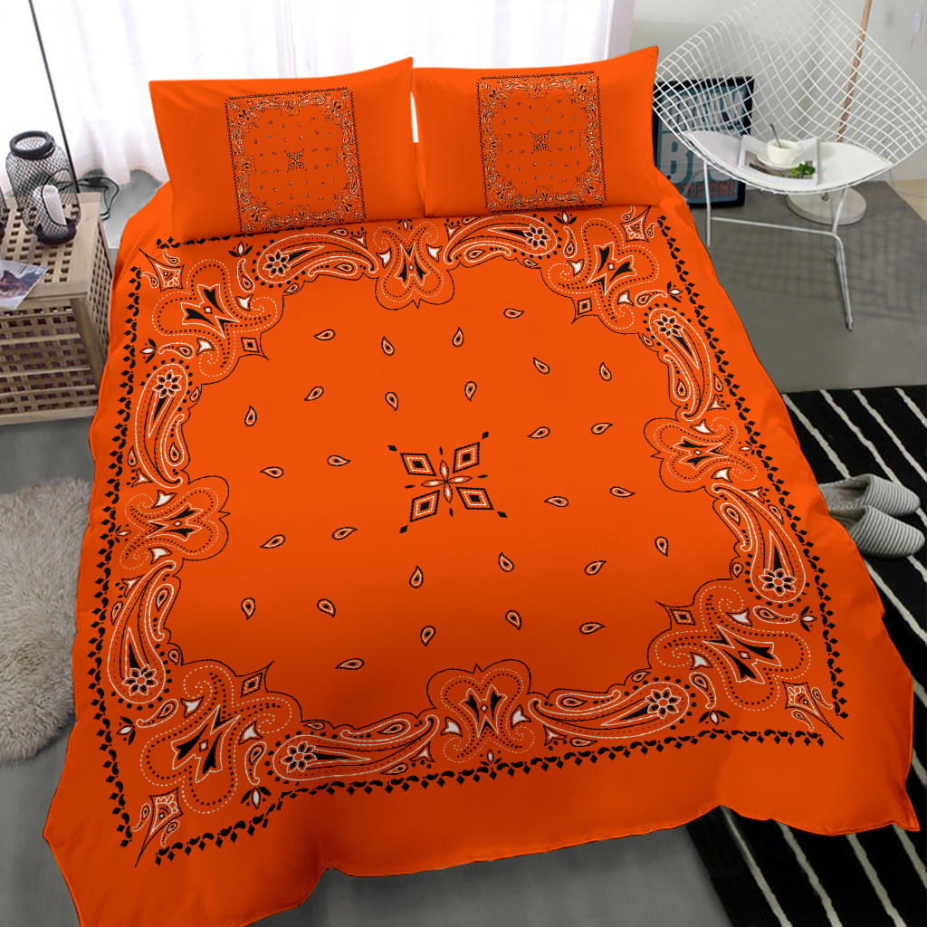 D3 Duvet Cover Set - Bright Orange Traditional Bandana w Shams