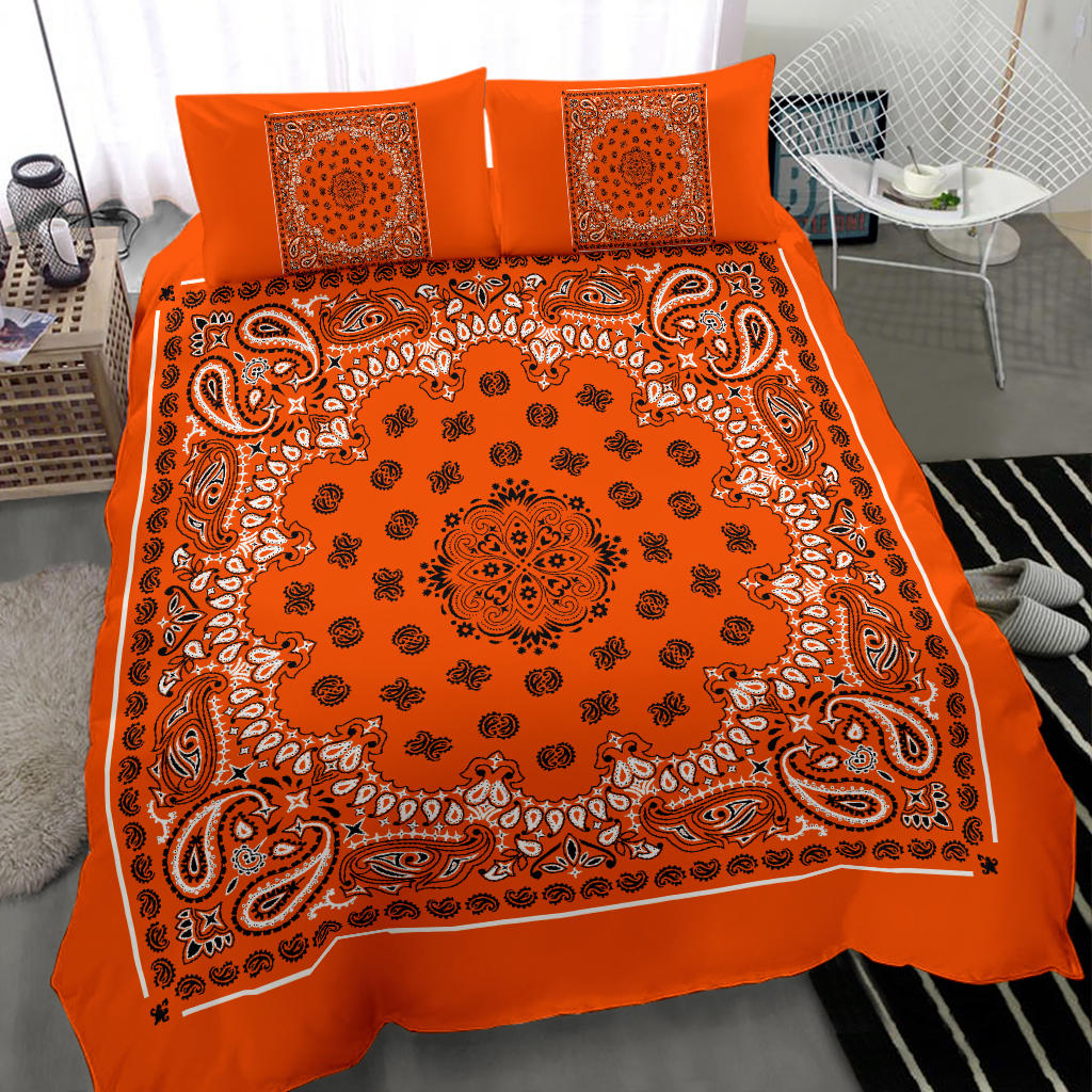 D4 Duvet Cover Set - Bright Orange Traditional Bandana w Shams