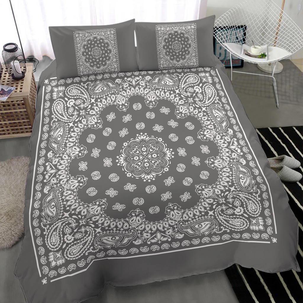 D4 Duvet Cover Set - Gray and White Bandana w Shams