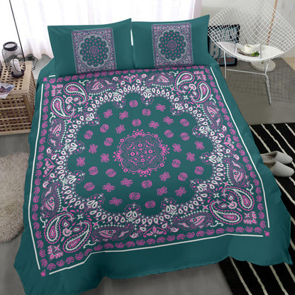 D4 Duvet Cover Set - Pine and Pink Bandana w Shams