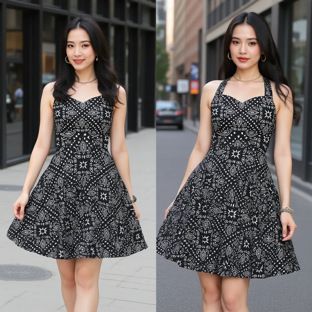 Woman wearing a black Bandana patterned dress on a city street.