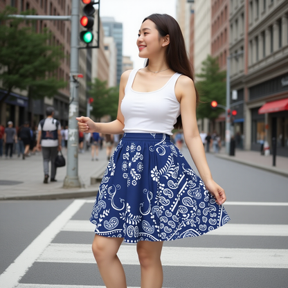 Woman in a white top and blue bandana patterned skirt crossing a street in an urban setting.