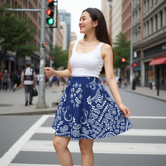 Woman in a white top and blue bandana patterned skirt crossing a street in an urban setting.