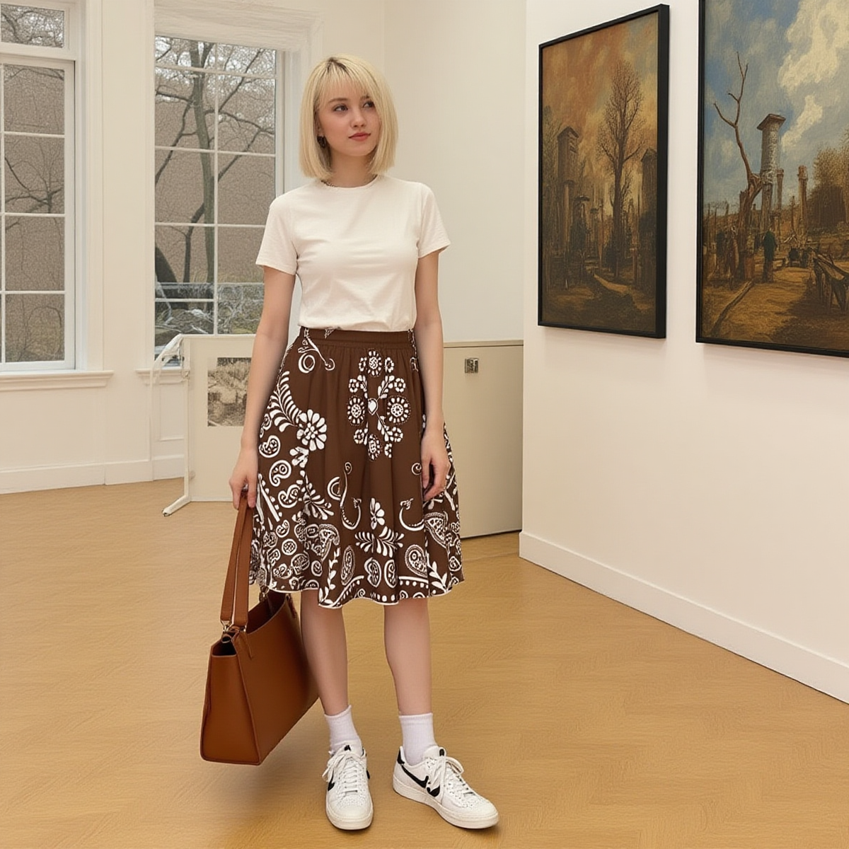 Beautiful Woman viewing art in an art gallery wearing her Coffee Brown Bandana Style Sweetheart Skirt