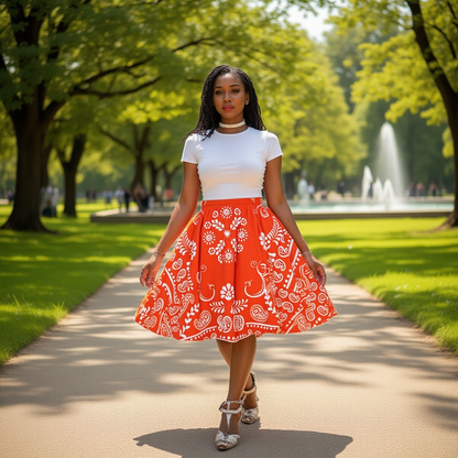 Woman in a white top and Orange bandana patterned skirt standing on a path in a park with trees and a fountain in the background.