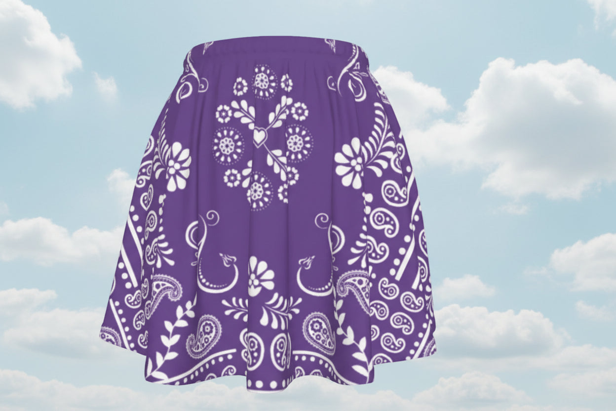 Purple skirt with white bandana paisley patterns on a white background