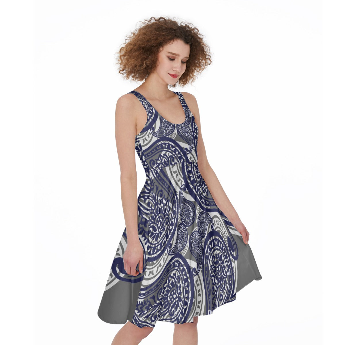 Grey Paisley Sleeveless Dress