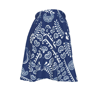 Navy and white bandana patterned skirt on a white background