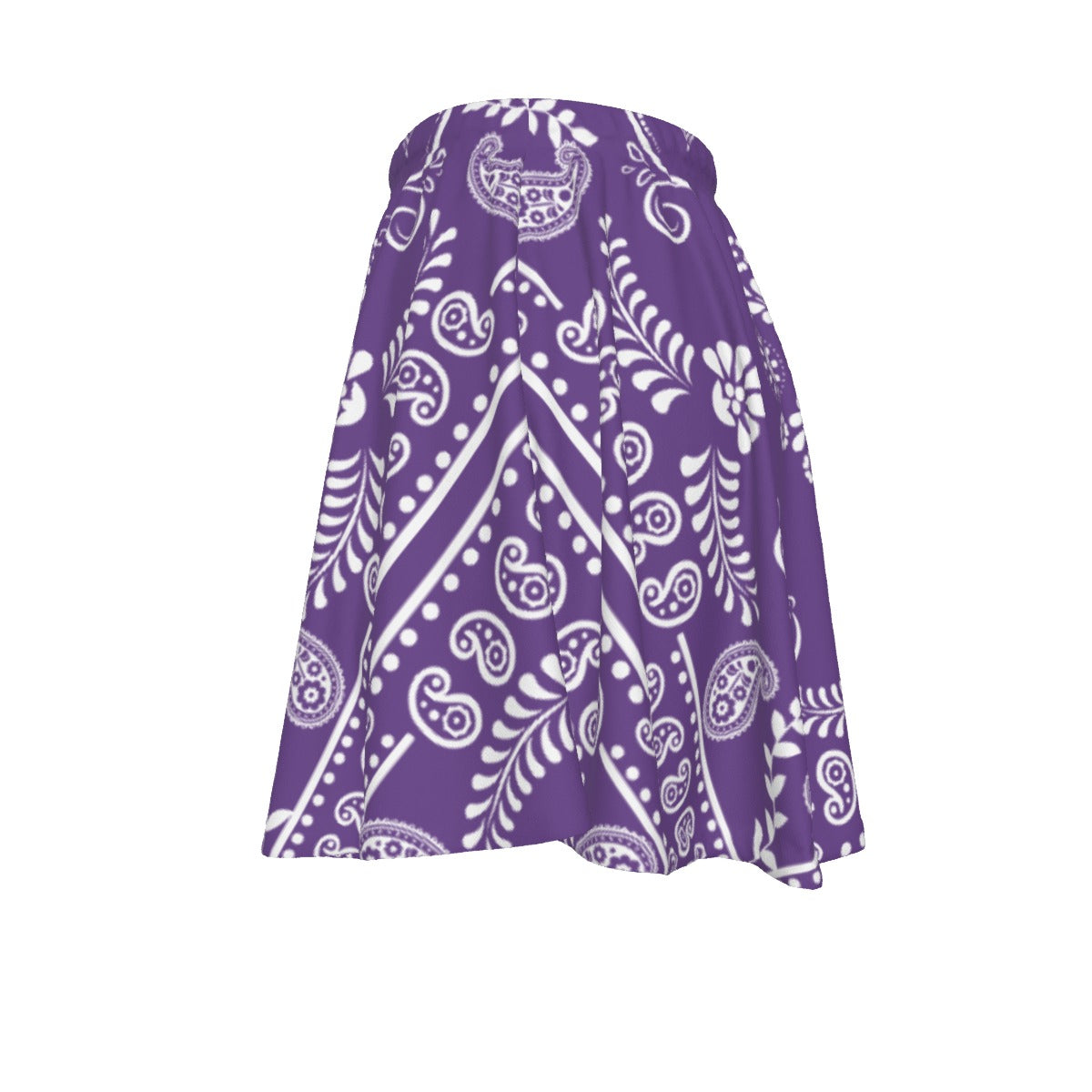 Purple strapless top with white paisley pattern on a white background
