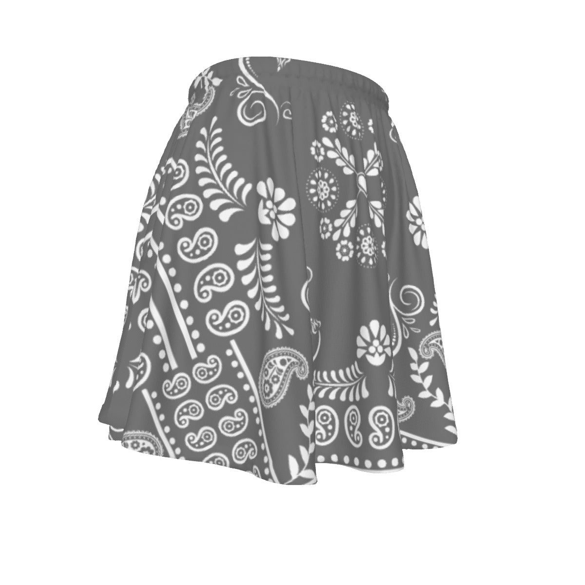 Black skirt with white paisley pattern on a white background