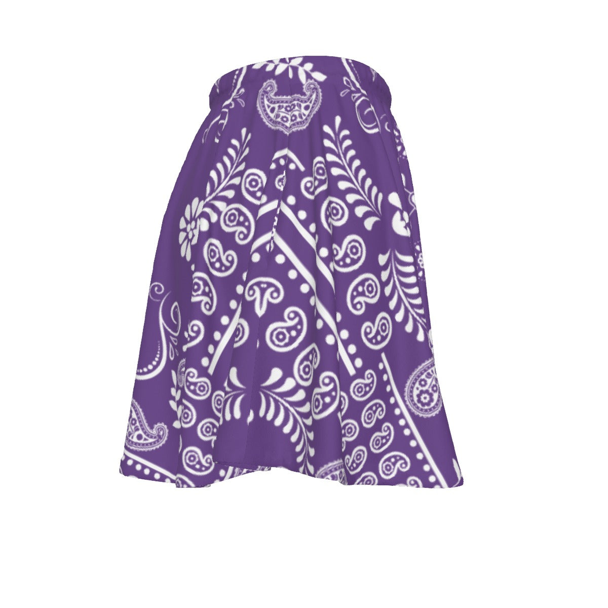 Purple wrap skirt with white paisley pattern on a white background
