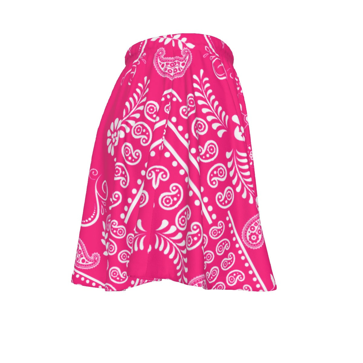 Pink skirt with white paisley pattern on a white background