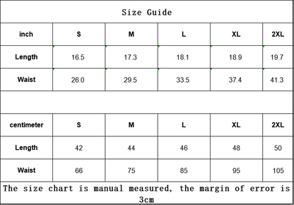 Size chart for clothing measurements in inches and centimeters with a margin of error note.