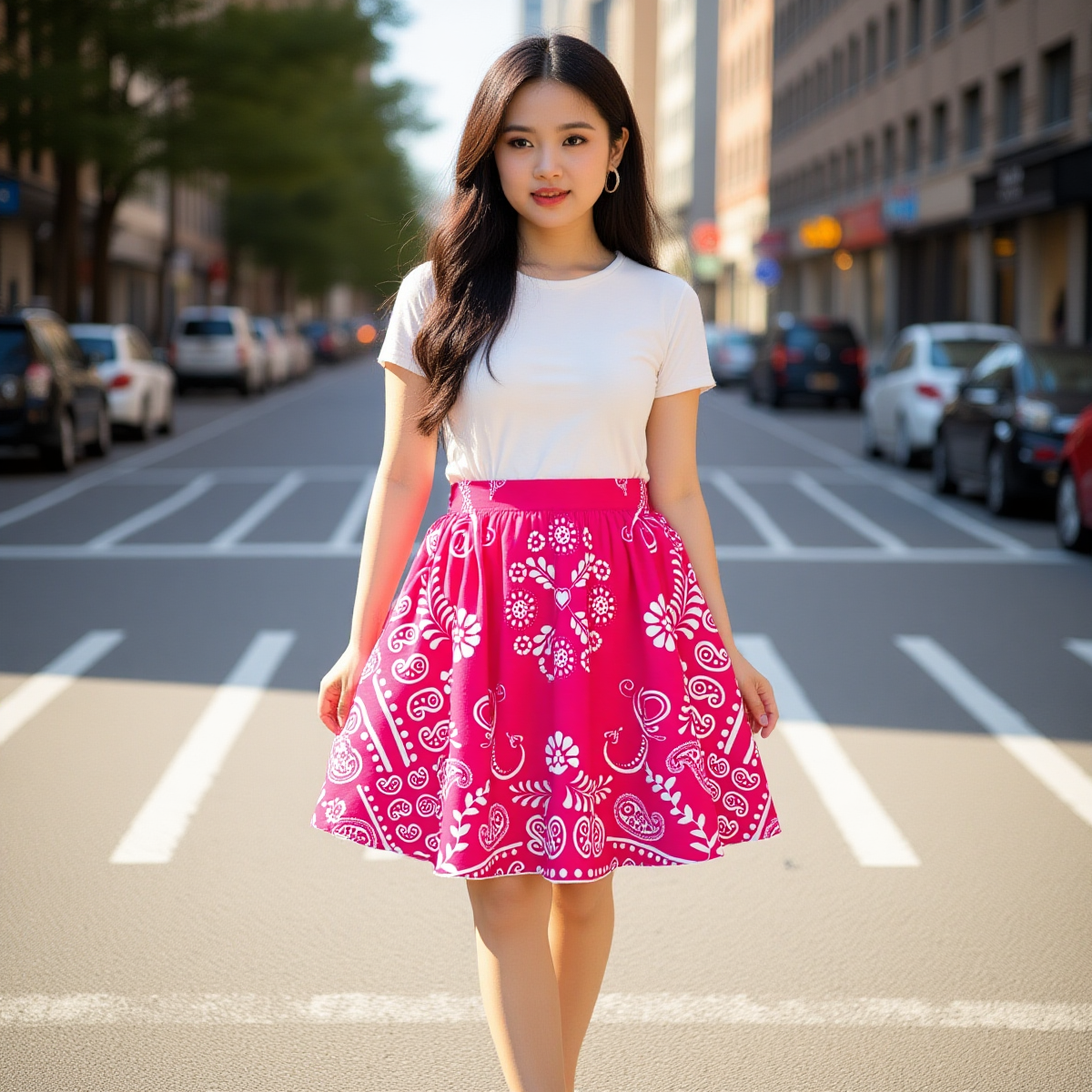 Woman in a white top and pink skirt with white bandana patterns standing on a city street.