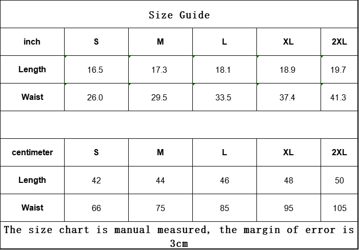 Size chart for clothing measurements in inches and centimeters with a margin of error note.