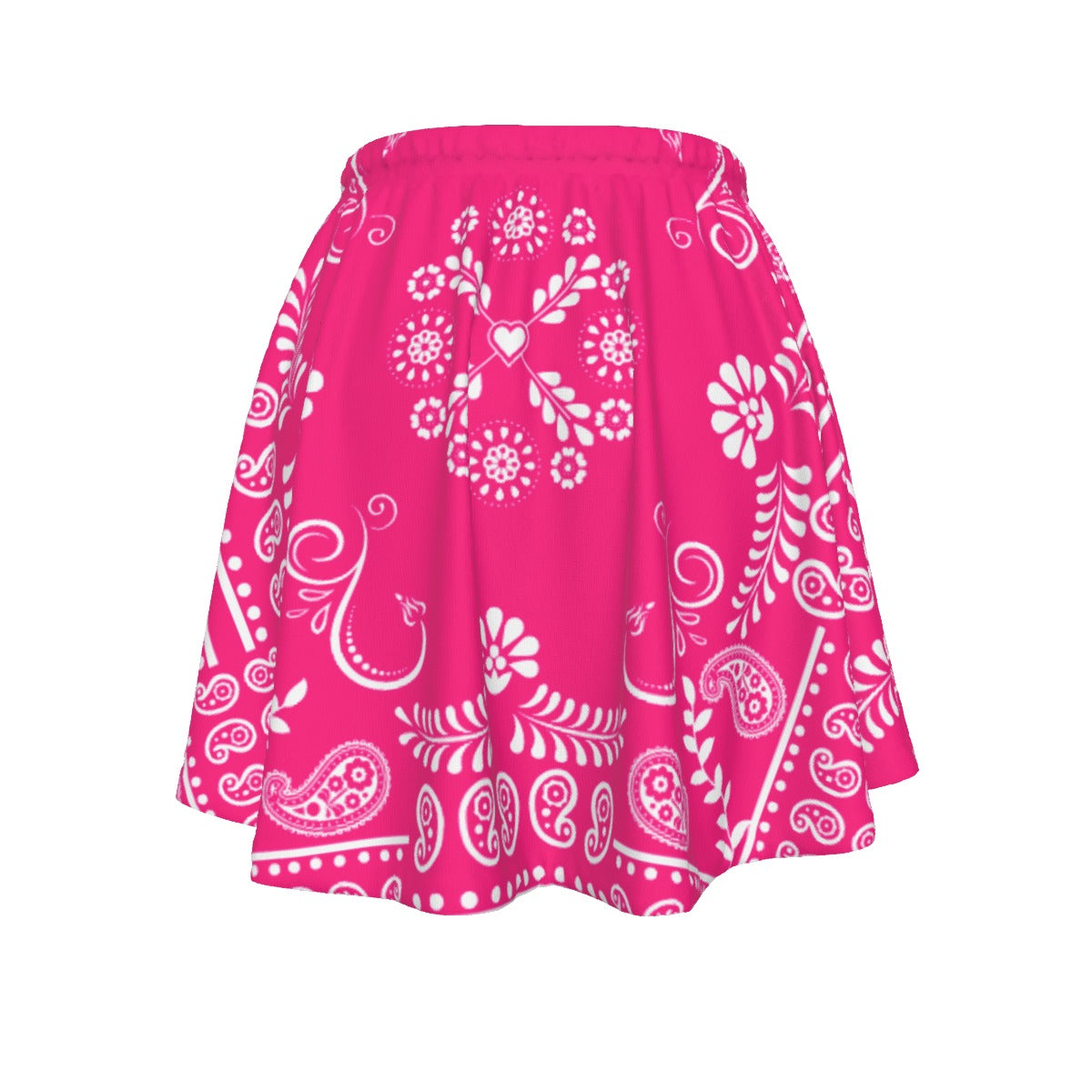 Pink skirt with white bandana and paisley patterns on a white background