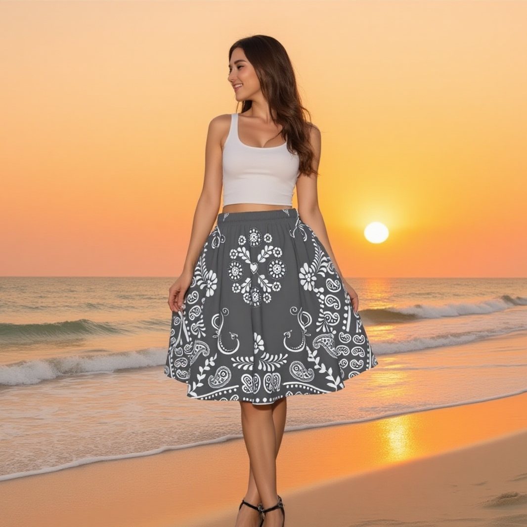 Woman in a Grey and White Bandana SweetHeart skirt standing on a beach at sunset
