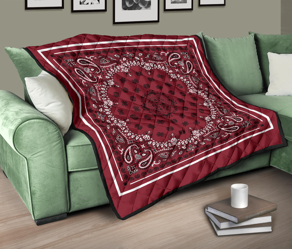 Quilt 2 Black White on Maroon, White Sq