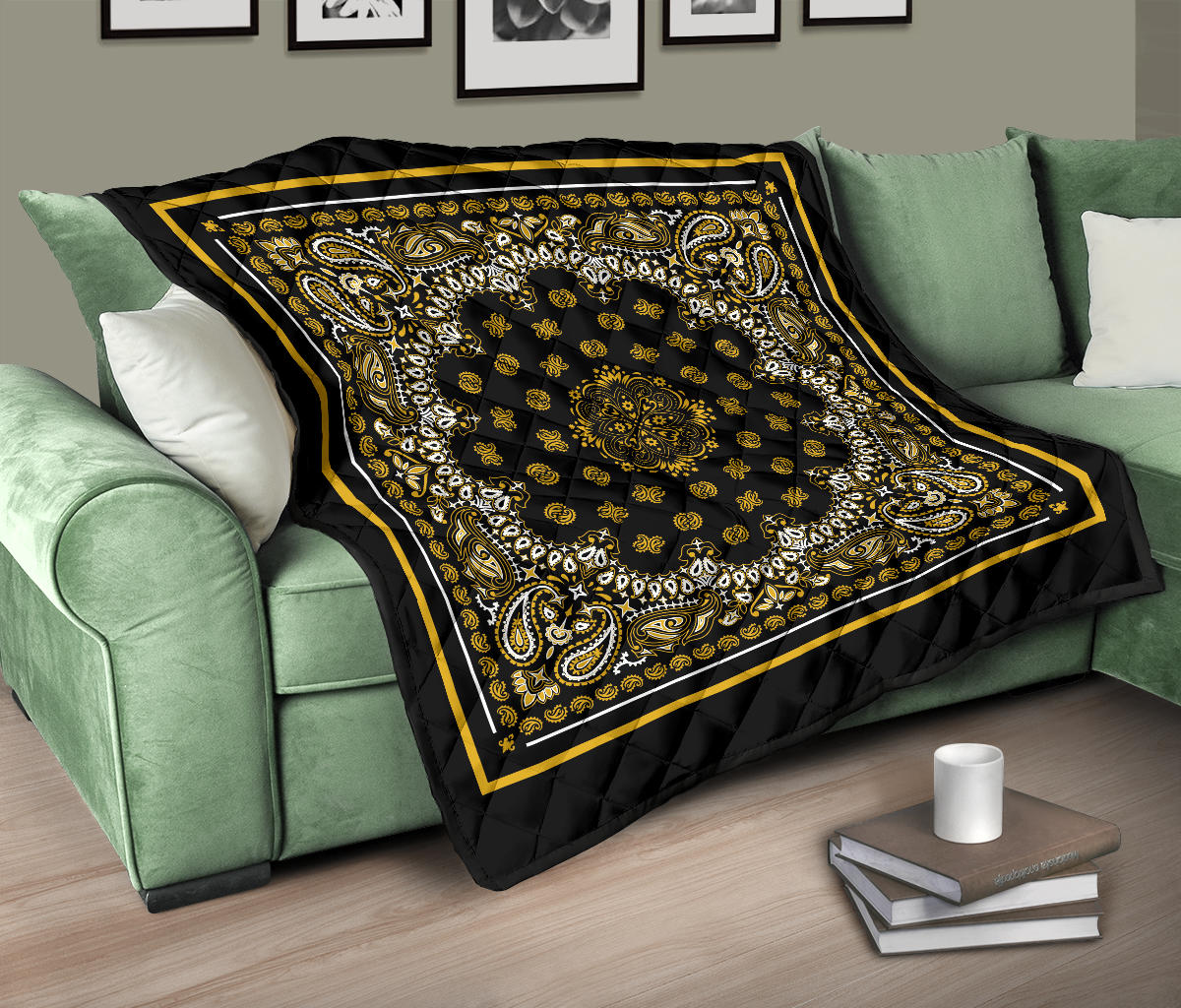 Quilt 2 Gold White Bandana on Black with Square