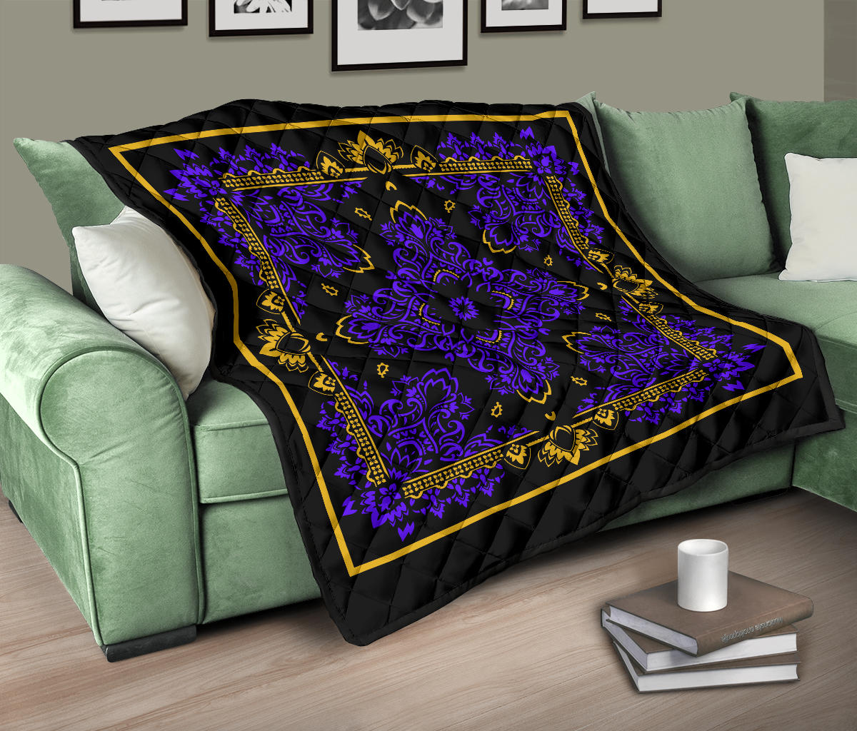 Quilt 3 Violet Gold Bandana on Black w Sq