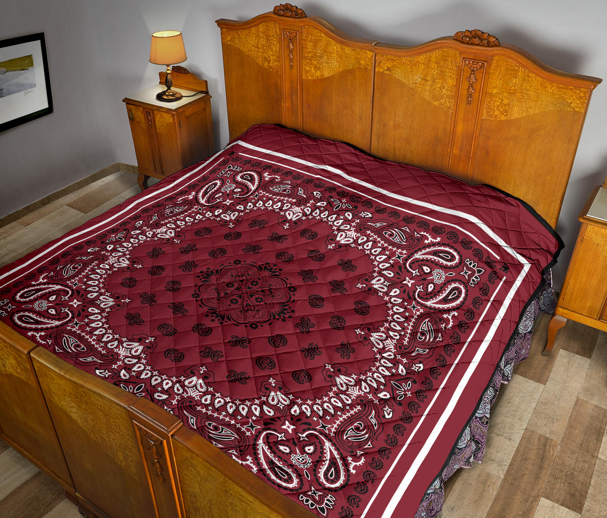 Quilt 2 Black White on Maroon, White Sq