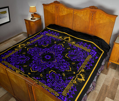 Quilt 3 Violet Gold Bandana on Black w Sq