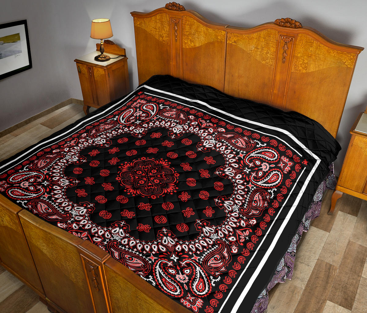 Quilt 2 Red Bandana on Black w White Sq.