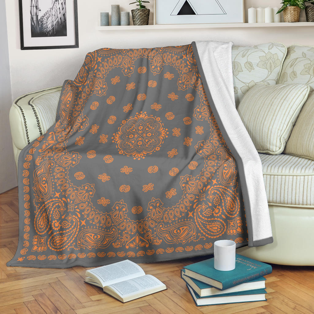 Ultra Plush 2 Orange on Gray Bandana Throw Blanket