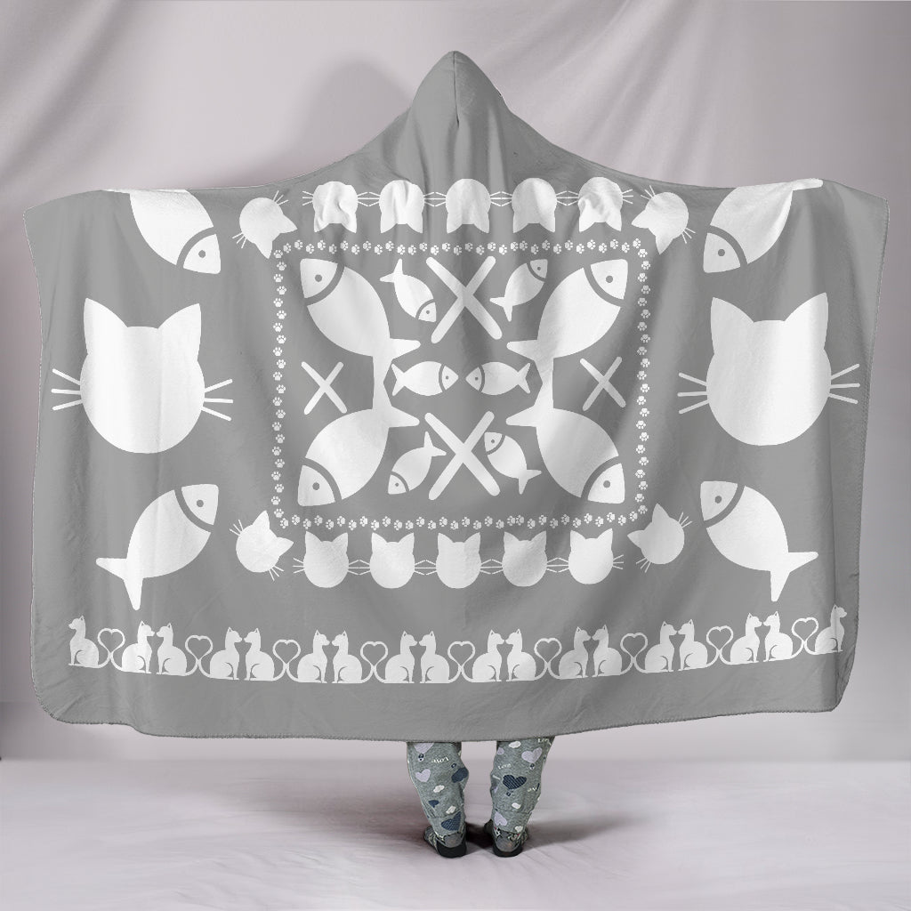 Ultimate Gray Kittles and Fish Hooded Blanket