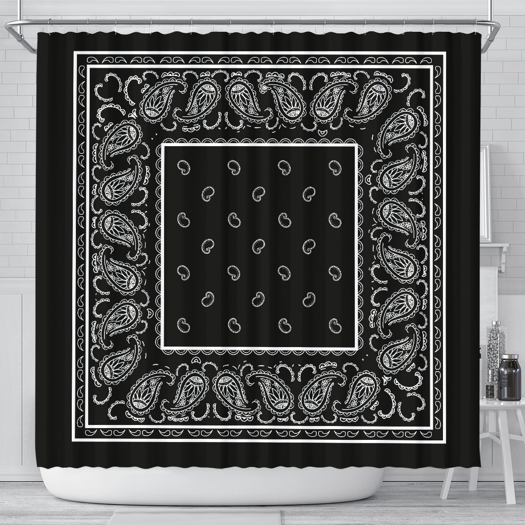 Paisley Black Bandana Bohemian Ethnic Pattern Waterproof Printing 4 Piece  Shower Curtain Set with Non-Slip Carpet U-Shaped Bath mat Modern Bathroom