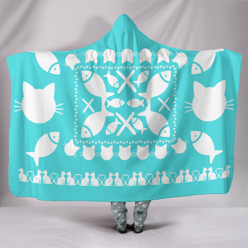 Ultimate Teal Kitties and Fish Hooded Blanket