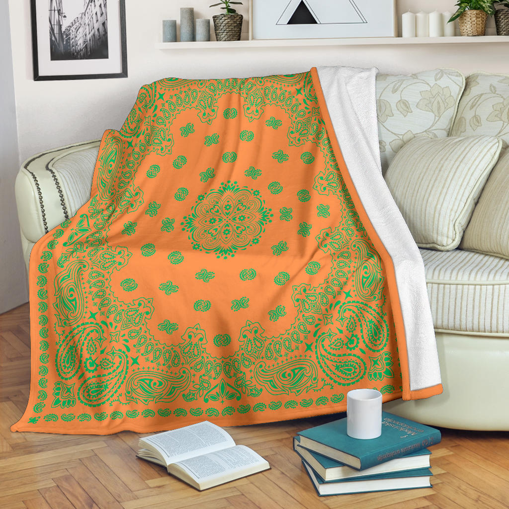 Ultra Plush 2 Green on Orange Bandana Throw Blanket