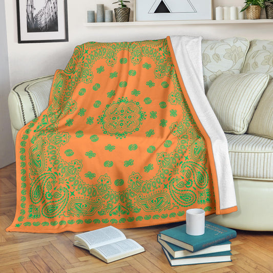 Ultra Plush 2 Green on Orange Bandana Throw Blanket
