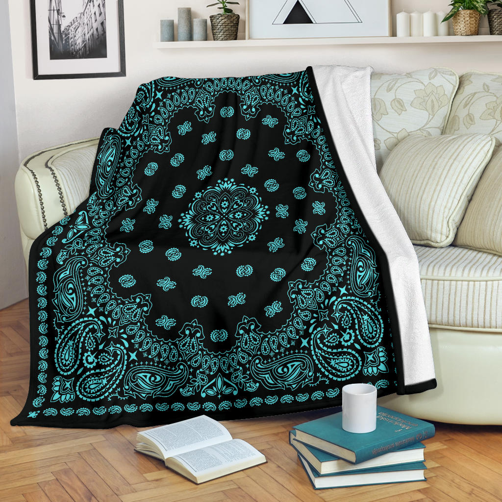 Ultra Plush 2 Lt Teal on Black Bandana Throw Blanket
