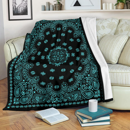Ultra Plush 2 Lt Teal on Black Bandana Throw Blanket