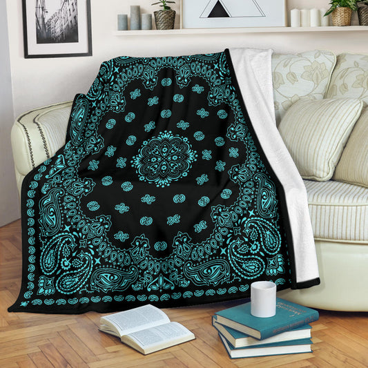 Ultra Plush 2 Lt Teal on Black Bandana Throw Blanket