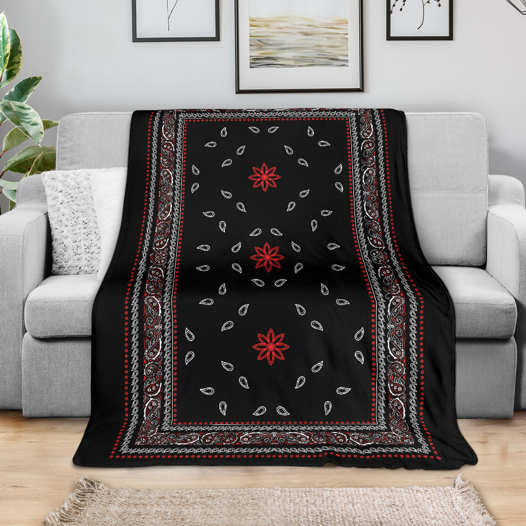 Ultra Plush 4 Red White on Black Bandana Throw Blanket