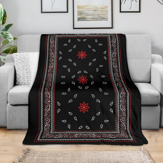 Ultra Plush 4 Red White on Black Bandana Throw Blanket