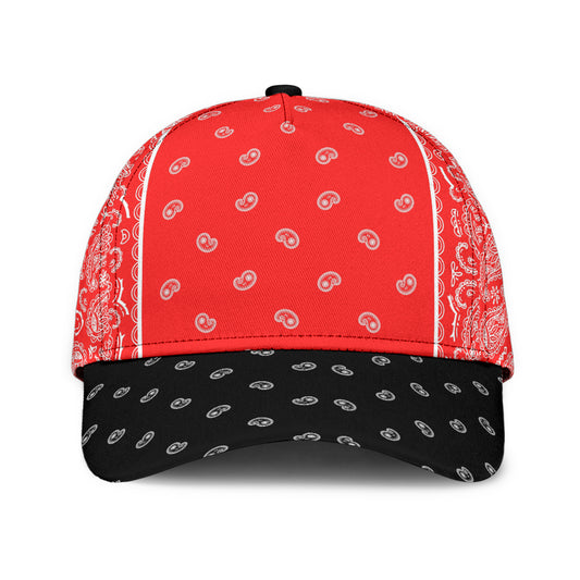 Classic Cap - White on Red Bandana Style Black Bill