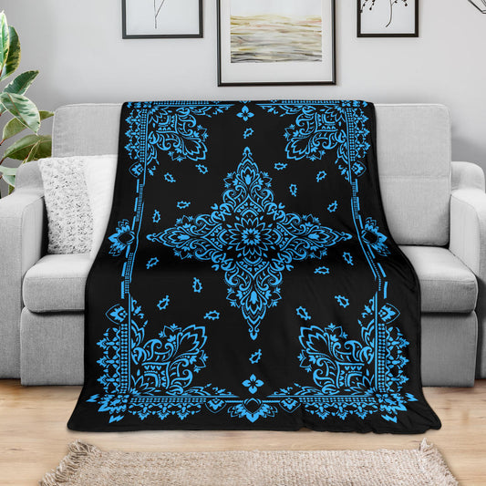Ultra Plush 3 Lt Blue on Black Bandana Throw Blanket