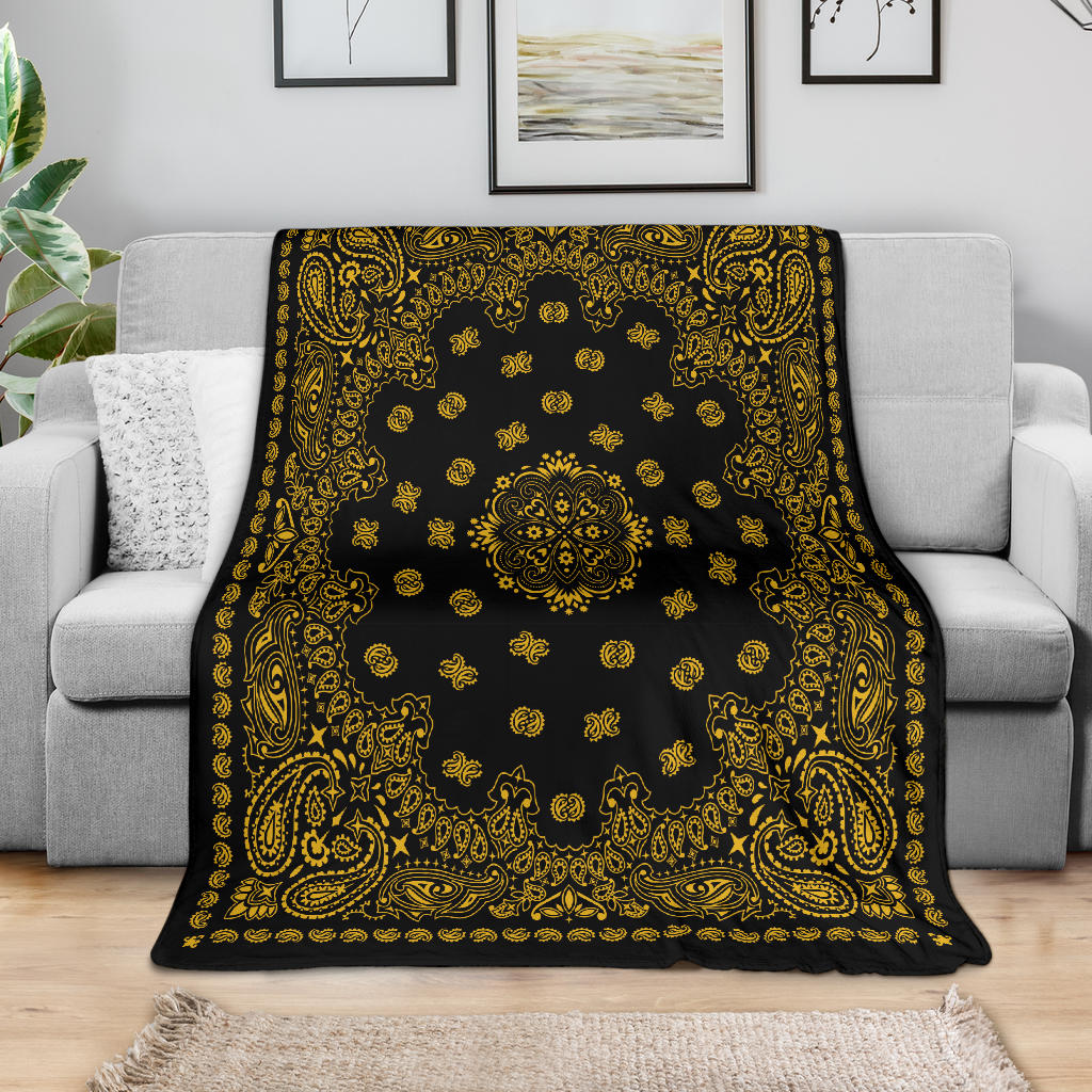 Ultra Plush 2 Gold on Black Bandana Throw Blanket